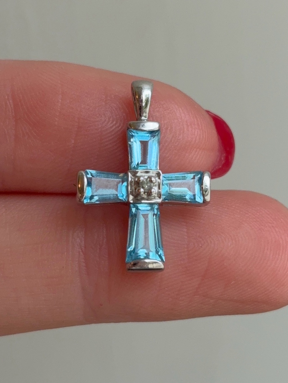 14k White Gold Vintage Diamond Blue Topaz Gemstone Cross Pendant